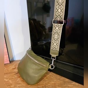 Olive Green Leather Crossbody, Slip on Travel Sidekick made in Italy, Italian
